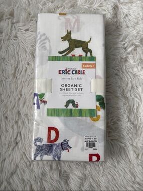 Pottery Barn Kids White Sheet Set with Green Caterpillar and Brown Bear